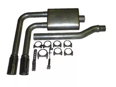 2.50-Inch Stainless Dual Exhaust System with HVS Welded Muffler and Polished Tips; Middle Side Exit (94-01 5.2L RAM 1500)