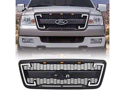 American Modified Raptor Style Mesh Upper Replacement Grille with Emblem Base, DRL and Turn Signal Lights; Matte Black (04-08 F-150)