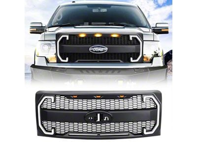 American Modified Raptor Style Mesh Upper Replacement Grille with Emblem Base, DRL and Turn Signal Lights; Matte Black (09-14 F-150, Excluding Raptor)