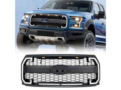 American Modified Raptor Style Mesh Upper Replacement Grille with Emblem Base, DRL and Turn Signal Lights; Matte Black (15-17 F-150, Excluding Raptor)