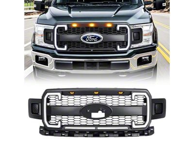 American Modified Raptor Style Mesh Upper Replacement Grille with Emblem Base, DRL and Turn Signal Lights; Matte Black (18-20 F-150, Excluding Raptor)