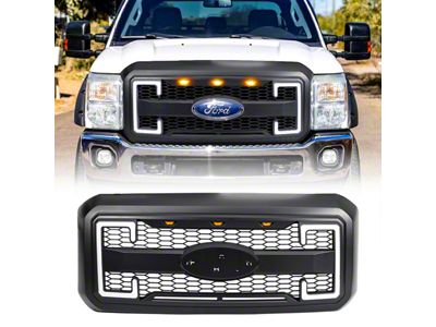 American Modified Raptor Style Mesh Upper Replacement Grille with Emblem Base, DRL and Turn Signal Lights; Matte Black (11-16 F-250 Super Duty)