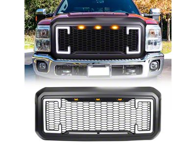 American Modified Raptor Style Mesh Upper Replacement Grille with DRL and Turn Signal Lights; Matte Black (11-16 F-250 Super Duty)