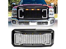 American Modified Raptor Style Mesh Upper Replacement Grille with DRL and Turn Signal Lights; Gloss Black (11-16 F-250 Super Duty)