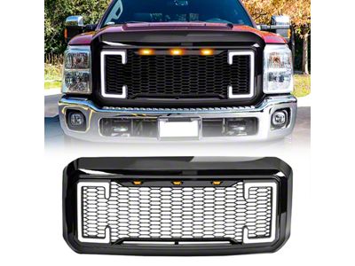 American Modified Raptor Style Mesh Upper Replacement Grille with DRL and Turn Signal Lights; Gloss Black (11-16 F-250 Super Duty)