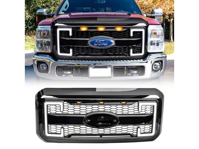 American Modified Raptor Style Mesh Upper Replacement Grille with Emblem Base, DRL and Turn Signal Lights; Gloss Black (11-16 F-250 Super Duty)