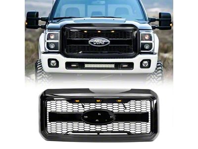 American Modified Armor Upper Replacement Grille with Emblem Base; Gloss Black (11-16 F-350 Super Duty)