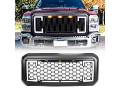 American Modified Raptor Style Mesh Upper Replacement Grille with DRL and Turn Signal Lights; Matte Black (11-16 F-350 Super Duty)