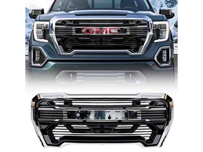 Armor Upper Replacement Grille with Emblem Base; Glossy Black and Chrome (19-21 Sierra 1500; 2022 Sierra 1500 Limited)