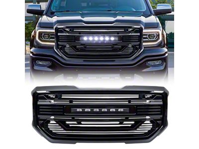 American Modified Armor Upper Replacement Grille with LED Off-Road Lights; Gloss Black (16-18 Sierra 1500)