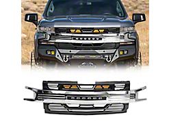 American Modified Armor Upper Replacement Grille with LED Off-Road Lights; Glossy Black and Chrome (19-21 Silverado 1500 High Country, LT, LT Trail Boss, LTZ, RST; 2022 Silverado 1500 LTD High Country, LT, LT Trail Boss, LTZ, RST)