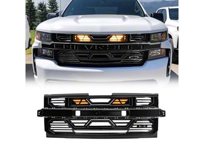 Armor Upper Replacement Grille with Amber Lights and Emblem Base; Glossy Black (19-21 Silverado 1500 High Country, LT, LT Trail Boss, LTZ, RST; 2022 Silverado 1500 LTD High Country, LT, LT Trail Boss, LTZ, RST)