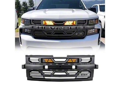 Armor Upper Replacement Grille with Amber Lights and Emblem Base; Matte Black (19-21 Silverado 1500 High Country, LT, LT Trail Boss, LTZ, RST; 2022 Silverado 1500 LTD High Country, LT, LT Trail Boss, LTZ, RST)