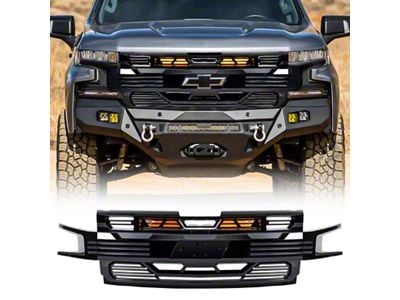 Armor Upper Replacement Grille with Amber Lights and Emblem Holder; Glossy Black (19-21 Silverado 1500 High Country, LT, LT Trail Boss, LTZ, RST; 2022 Silverado 1500 LTD High Country, LT, LT Trail Boss, LTZ, RST)