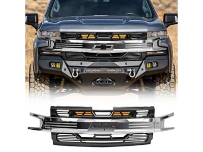 Armor Upper Replacement Grille with Amber Lights and Emblem Holder; Glossy Black and Chrome (19-21 Silverado 1500 High Country, LT, LT Trail Boss, LTZ, RST; 2022 Silverado 1500 LTD High Country, LT, LT Trail Boss, LTZ, RST)