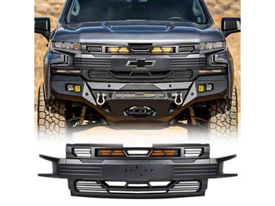 Armor Upper Replacement Grille with Amber Lights and Emblem Holder; Matte Black (19-21 Silverado 1500 High Country, LT, LT Trail Boss, LTZ, RST; 2022 Silverado 1500 LTD High Country, LT, LT Trail Boss, LTZ, RST)