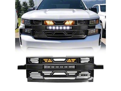 Armor Upper Replacement Grille with Amber Lights and Off-Road Lights; Glossy Black (19-21 Silverado 1500 High Country, LT, LT Trail Boss, LTZ, RST; 2022 Silverado 1500 LTD High Country, LT, LT Trail Boss, LTZ, RST)