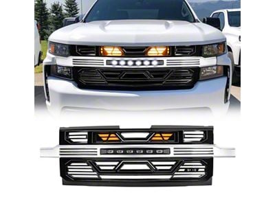 Armor Upper Replacement Grille with Amber Lights and Off-Road Lights; Glossy Black and Chrome (19-21 Silverado 1500 High Country, LT, LT Trail Boss, LTZ, RST; 2022 Silverado 1500 LTD High Country, LT, LT Trail Boss, LTZ, RST)