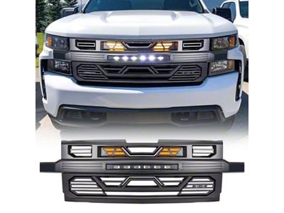 Armor Upper Replacement Grille with Amber Lights and Off-Road Lights; Matte Black (19-21 Silverado 1500 High Country, LT, LT Trail Boss, LTZ, RST; 2022 Silverado 1500 LTD High Country, LT, LT Trail Boss, LTZ, RST)