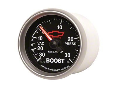 Auto Meter Chevy Black Series 2-1/16-Inch Boost/Vacuum Gauge; 30 inHG / 30 PSI; Mechanical (Universal; Some Adaptation May Be Required)