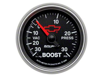 Auto Meter Chevy Black Series 2-1/16-Inch Boost/Vacuum Gauge; 30 inHG / 30 PSI; Digital Stepper Motor (Universal; Some Adaptation May Be Required)