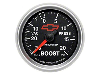 Auto Meter Chevy Black Series 2-1/16-Inch Boost/Vacuum Gauge; 30 inHG / 20 PSI; Mechanical (Universal; Some Adaptation May Be Required)