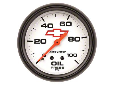 Auto Meter Chevy White Series 2-5/8-Inch Oil Pressure Gauge; 0-100 PSI; Mechanical (Universal; Some Adaptation May Be Required)