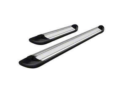 Running Boards; Silver Aluminum Rocker Panel Mount; 6-Inch Stripe Step Pad (01-18 Sierra 1500 Crew Cab)