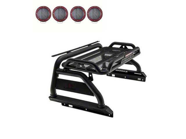 Atlas Roll Bar with 5.30-Inch Red Round Flood LED Lights for Tonneau Cover; Black (15-22 Canyon)