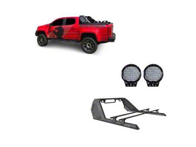 Vigor Roll Bar with Cross Bar and 9-Inch Black Round Flood LED Lights; Black (15-25 Canyon)