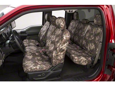 Covercraft Seat Saver Prym1 Custom Front Row Seat Covers; Multi-Purpose Camo (09-14 RAM 1500 w/ Bench Seat, Fold-Down Center Console, Lid w/o Cupholders & Seat Airbags)