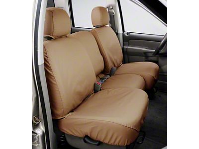 Covercraft Seat Saver Polycotton Custom Front Row Seat Covers; Tan (17-18 RAM 1500 w/ Bench Seat, Fold-Down Center Console & Floor-Mounted Storage Tray)