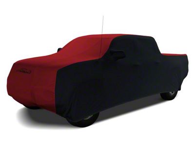 Coverking Satin Stretch Indoor Car Cover with Passenger Side Front Antenna Pocket; Black/Pure Red (13-18 RAM 2500 Crew Cab w/ 6.4-Foot Box & Telescoping Mirrors)