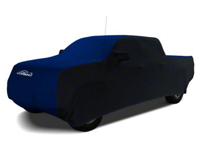 Coverking Satin Stretch Indoor Car Cover with Rear Roof Shark Fin Antenna Pocket; Black/Impact Blue (19-24 RAM 2500 Crew Cab w/ 6.4-Foot Box)