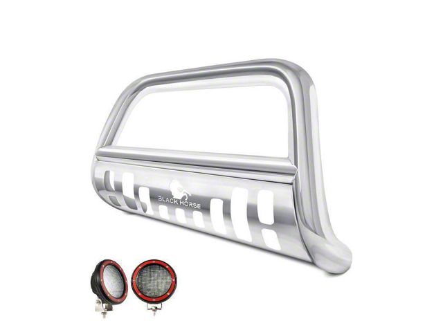 Bull Bar with 5.30-Inch Red Round Flood LED Lights; Stainless Steel (97-04 Dakota)