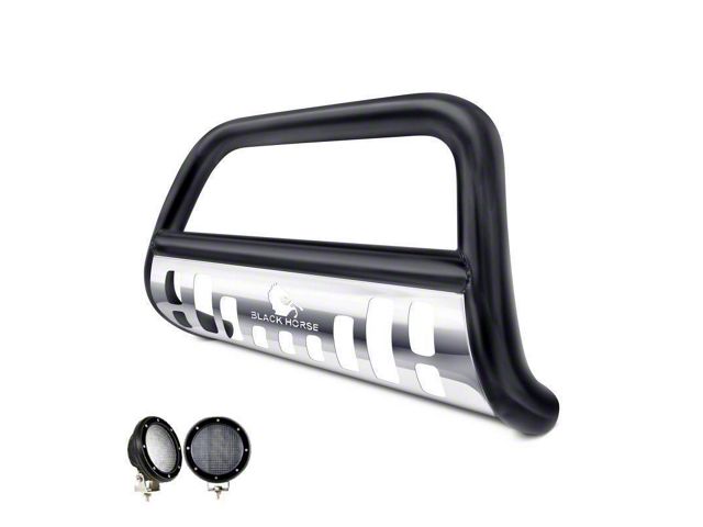 Bull Bar with Stainless Steel Skid Plate and 5.30-Inch Black Round Flood LED Lights; Black (97-04 Dakota)