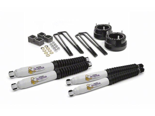 Daystar Suspension Lift Kit; Suspension Combo Kit; Black; 2-Inch Front Lift; Includes Front Coil Spring Spacers, Rear Blocks, U-Bolts, Frontt and Rear Scorpion Shocks; For Top-Mount Overload Springs (03-13 4WD RAM 2500)