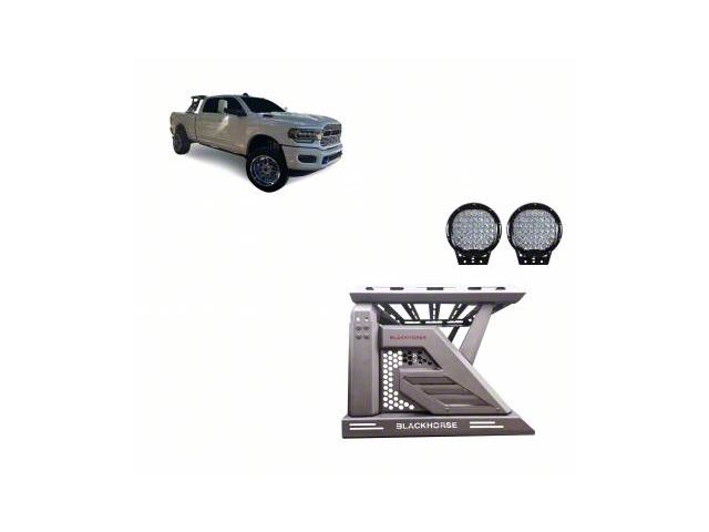 Armour II Roll Bar with 9-Inch Black Round Flood LED Lights and Basket; Black (15-24 F-150)