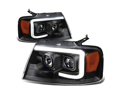 C-Bar LED DRL Projector Headlights with Amber Corners; Black Housing; Clear Lens (04-08 F-150)