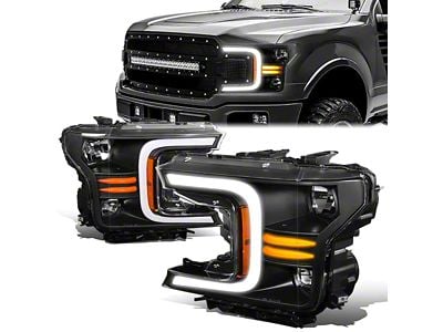 C-Bar LED DRL Sequential Headlights with Amber Corners; Black Housing; Clear Lens (18-20 F-150 w/ Factory Halogen Headlights)