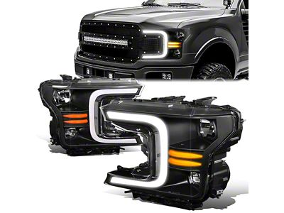 C-Bar LED DRL Sequential Headlights with Clear Corners; Black Housing; Clear Lens (18-20 F-150 w/ Factory Halogen Headlights)