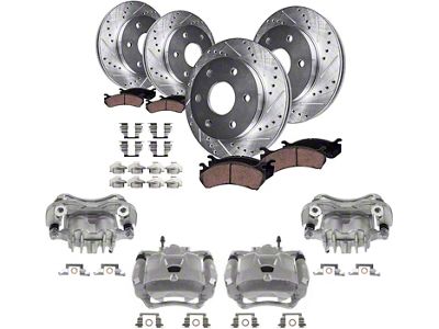 Drilled and Slotted 6-Lug Brake Rotor, Pad and Caliper Kit; Front and Rear (04-08 4WD F-150)