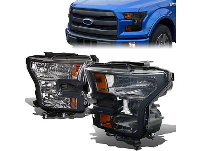 Factory Style Headlights with Amber Corners; Chrome Housing; Smoked Lens (15-17 F-150 w/ Factory Halogen Headlights)