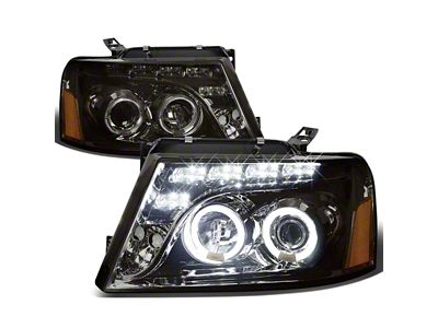 LED DRL Halo Projector Headlights with Amber Corners; Chrome Housing; Smoked Lens (04-08 F-150)