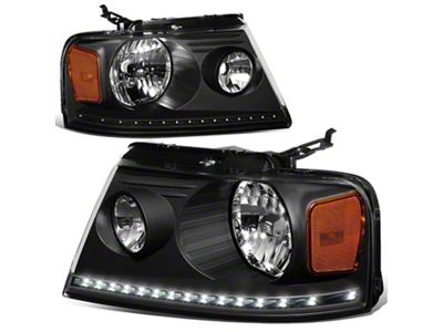 LED DRL Headlights with Amber Corners; Black Housing; Clear Lens (04-08 F-150)