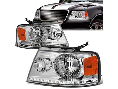 LED DRL Headlights with Amber Corners; Chrome Housing; Clear Lens (04-08 F-150)