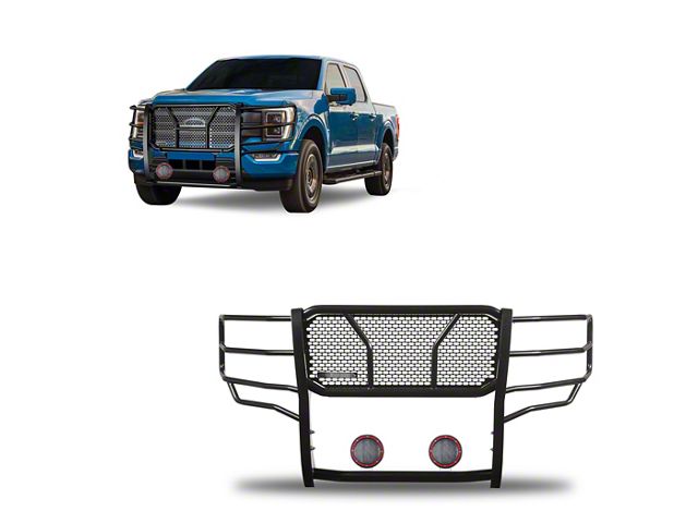 Rugged Heavy Duty Grille Guard with 5.30-Inch Red Round Flood LED Lights; Black (21-23 F-150, Excluding Powerstroke & Raptor)