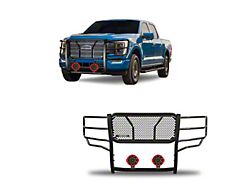 Rugged Heavy Duty Grille Guard with 7-Inch Red Round Flood LED Lights; Black (21-23 F-150, Excluding Powerstroke & Raptor)