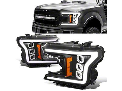 Triple Sequential LED DRL Projector Headlights with Amber Corners; Black Housing; Clear Lens (18-20 F-150 w/ Factory Halogen Headlights)