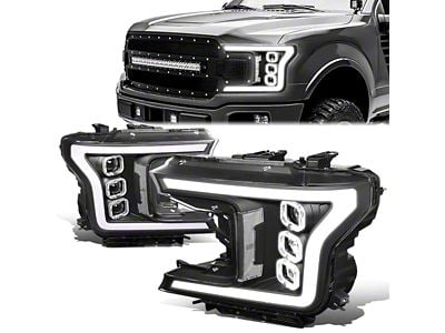 Triple Sequential LED DRL Projector Headlights with Clear Corners; Black Housing; Clear Lens (18-20 F-150 w/ Factory Halogen Headlights)